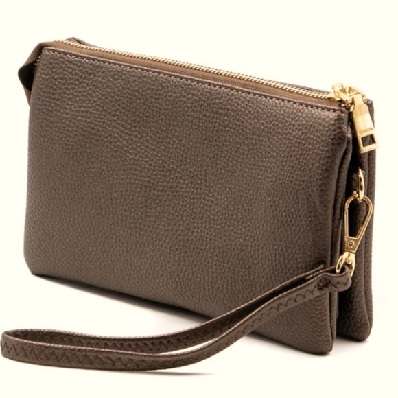 Boutique Handbags - Bronze 3 Compartment Wristlet/Crossbody